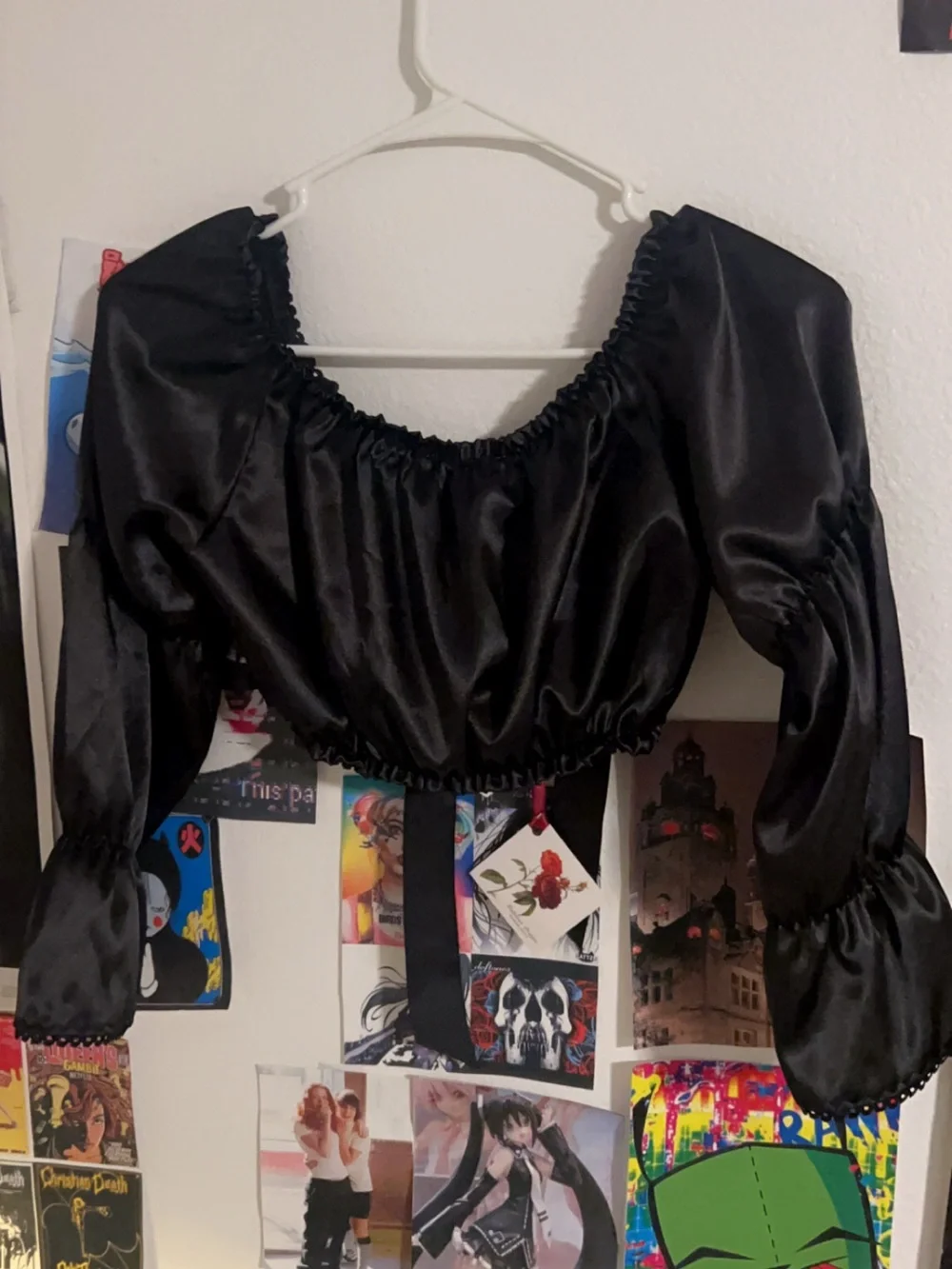 Black Satin Peasant Crop Top with Ribbon Tie